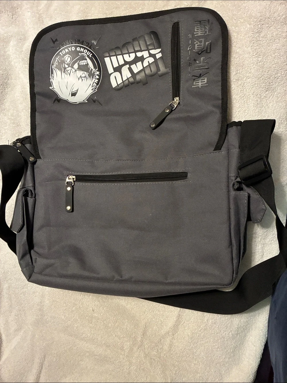Gray Tokyo Ghoul Messenger Bag with Graphic Print
